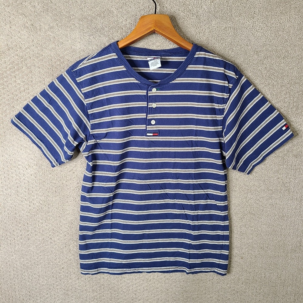 Vintage Tommy Hilfiger Shirt Youth Boys XL Blue White Striped Henley Logo Cotton